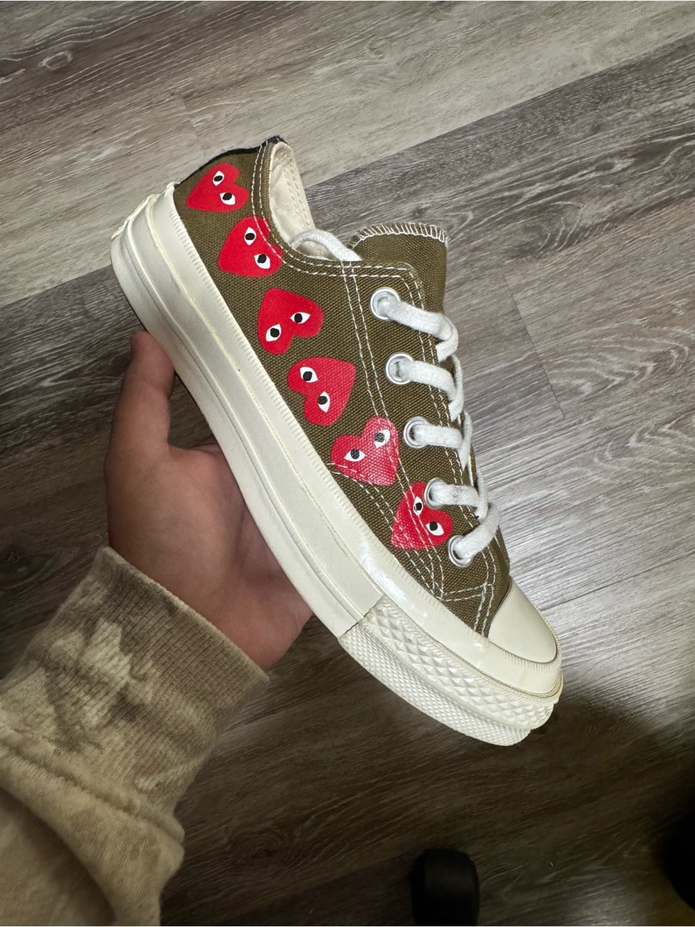 Olive Canvas Heart-Print Low Top Sneakers